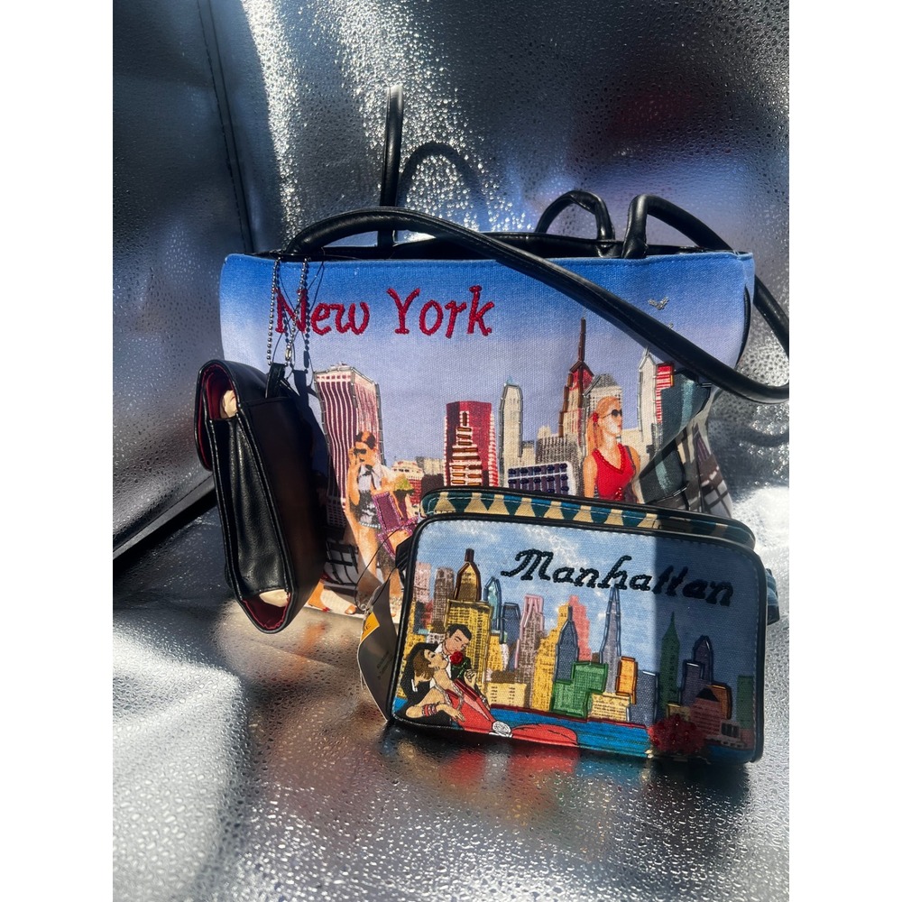 Faded Glory New York City Skyline Tote Bag Set with Manhattan Pouch NWT